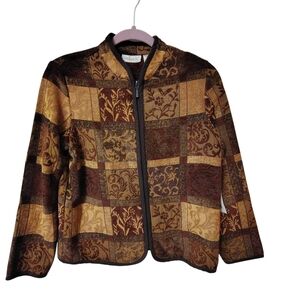 Studio Works Petite Small Zip Front Tapestry Jacket Brown Gold Patchwork NWT